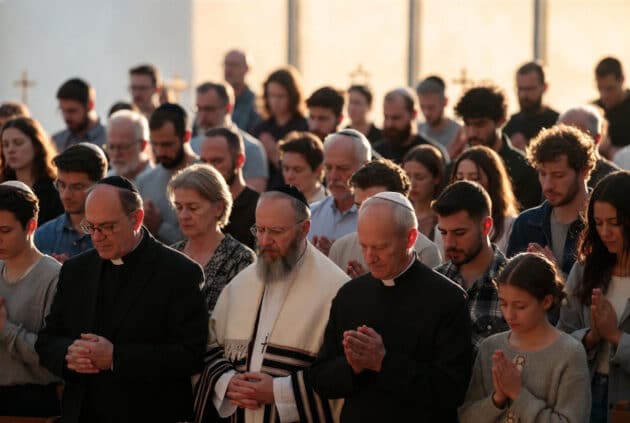 Symbolbild: Gläubige verschiedener Religionen im gemeinsamen Friedensgebet. Quelle: grewi.de (KI erstellt)