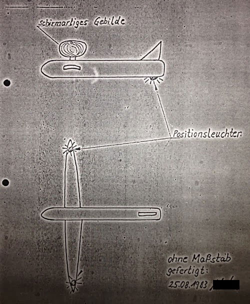 Zeugenskizze des düsenflugzeugartigen Objekts mit Schirm. Copyright: Bundesarchiv.de (Foto: grenzwissenschaft-aktuell.de)