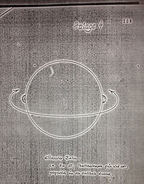 Skizze eines der beobachteten und mit Positionslichtern versehenen, sich um seine eigenen Achse leicht rotierenden "erkannten Ballons". Copyright: Bundesarchiv.de (Foto: grenzwissenschaft-aktuell.de)
