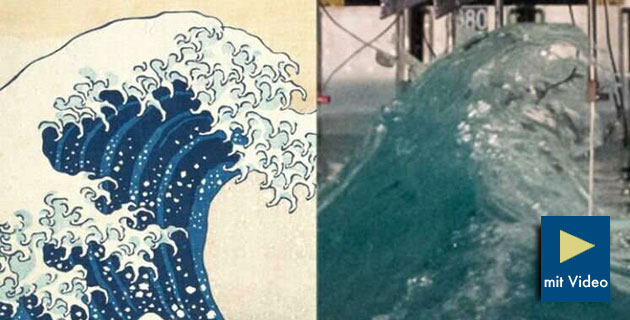 Riesenwelle im Labor (r.) und das künstlerische "Vorbild" des japanischen malers Hokusai.