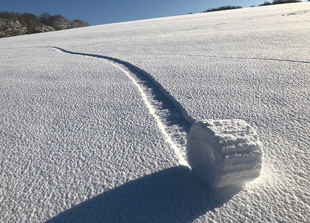 Einer von sechs „Snow Rollers“ in einem schneebedeckten Feld nahe Marlboruough im Frühjahr 2019. Copyright/Quelle: Brian Bayliss / BBC