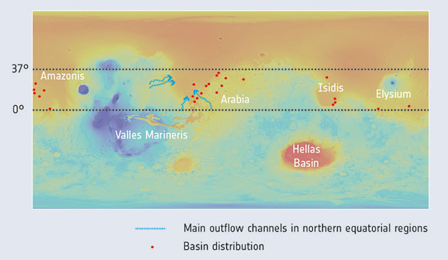 Diese Höhekarte zeigt die Verteilung einiger tiefen Krater (rote Punkte), die in einer aktuellen Studie zu Grundwasser auf dem Mars untersucht wurden. Copyright: NASA/MGS/MOLA; Crater distribution: F. Salese et al (2019)