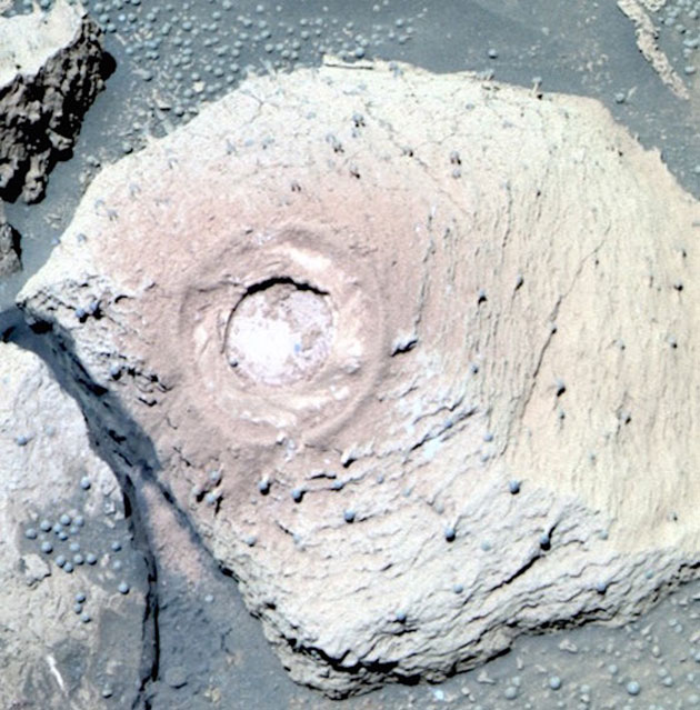 Aufnahme eines künstlichen Bohrlochs, aufgenommen der linken PanCam des NASA-Mars-Rovers „Opportunity“ vom 88. Missionstag (Sol 88). Laut einem aktuellen Artikel stimmt eine Mehrheit hinzugezogener Pilz- und Flechtenexperten, sowie Geomorphologen und Mineralogen darin überein, dass es sich bei diesen 2-6 Millimeter großen, kugelförmigen Strukturen um Flechten handeln könnte. In den Strukturen wollen einige Wissenschaftler Fruchtkörper auf Stängeln und Stielen erkennen. Copyright/Quelle: NASA / Journal of Astrobiology and Space Science Reviews, 1, 40--81, 2019; Joseph et a