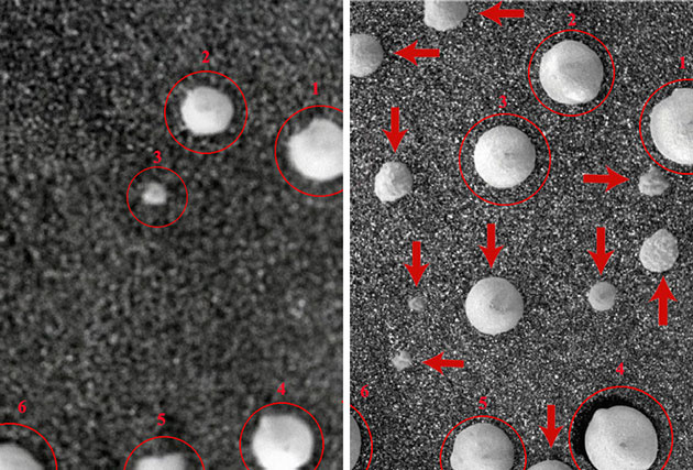 Von besonderem Interesse ist der Vergleich dieser beiden Opportunity-Aufnahmen des gleichen Bodenausschnitts zunächst am Missionstag (Sol) 1145 (l.) und dann erneut drei Tage später (Sol 1148; r.): Zeigen diese Aufnahmen sozusagen vor der Kameralinse innerhalb von drei Tagen gewachsene Pilze oder Flechten? Die mit roten Kreisen und den Ziffern 1-6 markierten „Kugeln“ sind bereits auf der ersten Aufnahme (Sol 1145) zu sehen, scheinen aber bis zur zweiten Aufnahme (Sol 1148) selbst etwas ausgedehnt und leicht verändert. Hinzu sind auf der Aufnahme vom dritten Tag zuvor nicht sichtbare „Kugeln“ bzw. Teilstücke davon zu sehen, die nun aus dem Boden herausragen. Handelt es sich hierbei um aus dem Boden gewachsene biologische Strukturen oder hat hier nur der Wind zuvor noch verdeckte Kugelstrukturen freigeweht? Copyright/Quelle: NASA / Journal of Astrobiology and Space Science Reviews, 1, 40--81, 2019; Joseph et al.