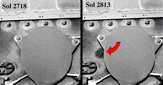 Die linke Aufnahme zeigt das Rover-Detail am Missionstag (Sol) 2718. 95 Mars-Tage später (Sol 2813) zeigt das Foto des selben Elements eine Struktur, die die Autoren der aktuellen Studie als möglichen Bakterien- oder Pilzbewuchs deuten. Copyright/Quelle: NASA/JPL / Journal of Astrobiology and Space Science Reviews, 1, 40--81, 2019; Joseph et al.