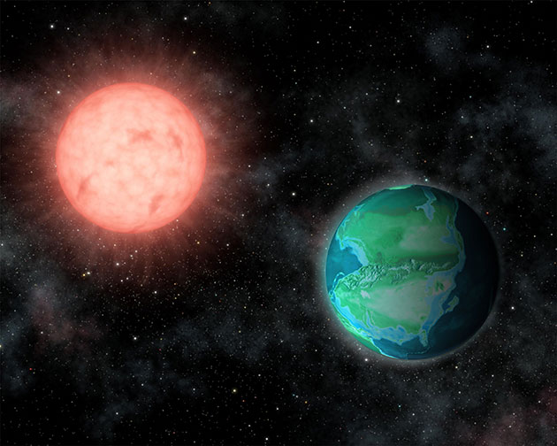 Künstlerische Darstellung einer „jungen Erde“ um eine rote „Sonne“ (Illu). Copyright: J. O'Malley-James, Carl Sagan Institute, Cornell University, Jeff Tyson