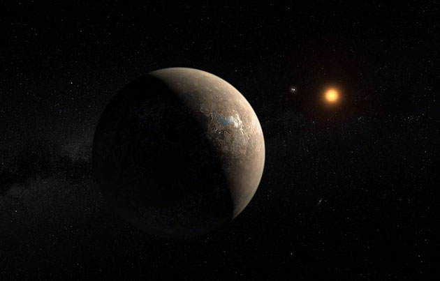 Künstlerische Darstellung des potentiell lebensfreundlichen Planeten „Proxima Centauri b“ um Proxima Centauri (Illu.), der sich das System um den roten Zwergstern möglicherweise auch noch mit mindesten einer Super-Erde teilt (Illu.). Copyright: ESO/M. Kornmesser