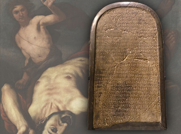 Die Mesha-Stele vor dem Hintergrund des Zanchi-Gemäldes „David gegen Goliath“. Copyright: gemeinfrei (Kollage: grewi.de)