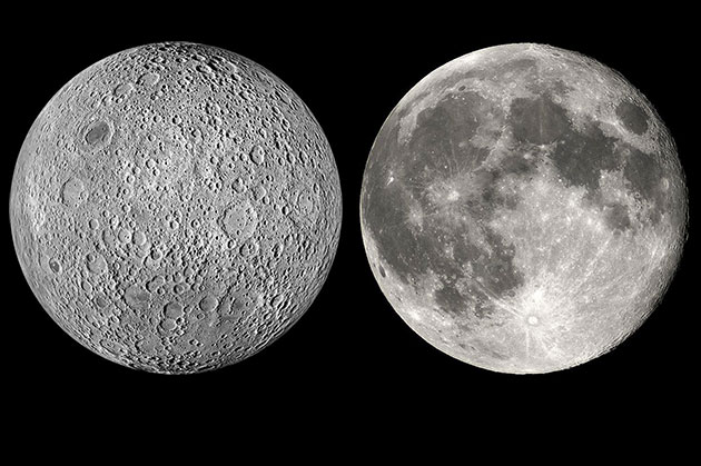 Ansicht von Rück- und Vorderseite des Mondes. Ansichten der Rückseite (l.) und erdzugewandten Seite des Mondes. Copyright/Quelle: WikimediaCommons