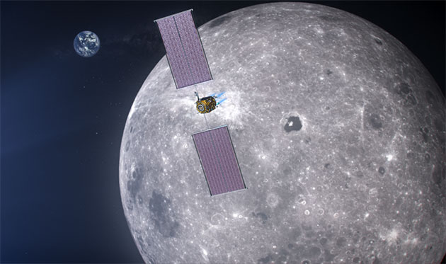 Künstlerische Darstellung der Mond-Orbitalstation „Gateway“ (Illu.), von der aus die Mondlandungen im Rahmen des Artemis-Programms der NASA durchgeführt werden sollen. Copyright: NASA