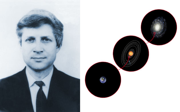 Der Astrophysiker Nikolai Semjonowitsch Kardaschow (1932-2019) vor dem Hintergrund einer Illustration der nach ihm benannten Kardaschow-Skala zur Einteilung fortgeschrittener außerirdischer Zivilisationen. Copyright: Gemeinfrei