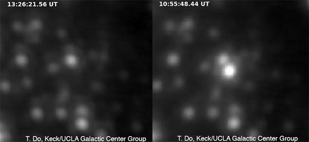 Aufnahmen vom 13. Mai 2019 zeigen zunächst das für gewöhnlich wenig aktive Schwarze Loch Sagittarius A* im Zentrum der Milchstraße (l.) und dann plötzlich einen deutlichen Helligkeitsanstieg (r.). Copyright/Quelle: Do et al. 2019 (UCLA)