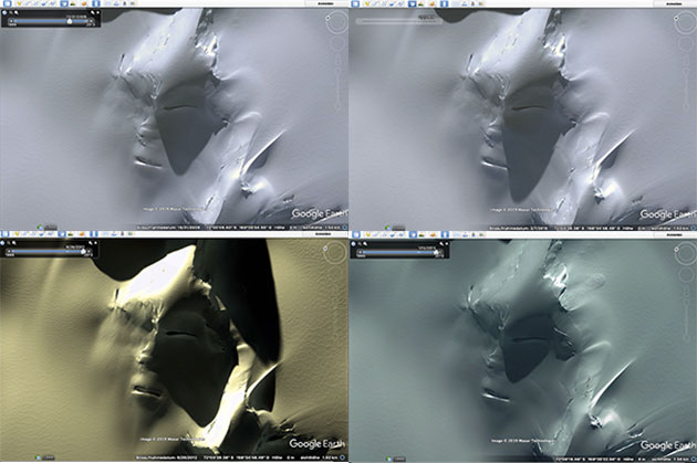 Unterschiedliche Ansichten des „Antarktis-Gesichts“ von 2009, 2010, 2012 und 2013 (v.o.l.n.u.r.). Quelle: GoogleEarth