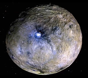 Dawn-Aufnahme des Zwergplaneten Ceres mit seinen markanten hellen Flecken im Occatr-Krater. Copyright: NASA/JPL-CalTech/UCLA/MPS/DLR/IDA