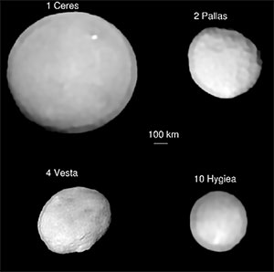 Abbildungen der Zwergplaneten Ceres, Vesta, Pallas und Hygiea auf der Grundlage des SPHERE-Daten sowie mit der zum Richtwert von 100 Kilometern entsprechenden relativen Größenangabe der Objekte. Copyright/Quelle: ESO/P. Vernazza et al./MISTRAL algorithm (ONERA/CNRS) / Nature Astronomy, 2019