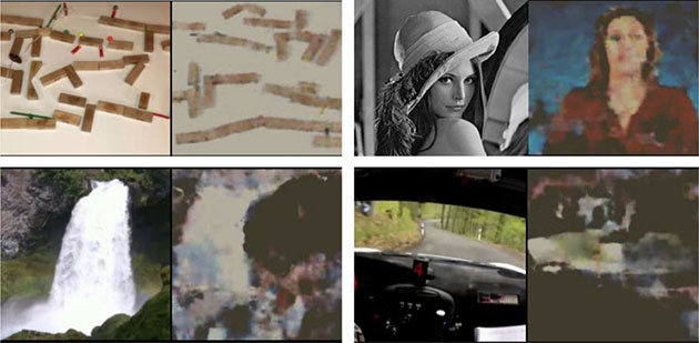 Ein Vergleich der jeweils visuellen Bildvorgabe (l.) mit dem anhand der EEG-Daten rekonstruierten Bild (r.). Im Falle des Gesichts musste die in den Experimenten verwendete Originalvorlage gegen ein Symbolbild ausgetauscht werden (siehe Video). Copyright/Quelle: Rashkov, Bobe, Fastovets u. Komarova / bioRxiv.org, 2019