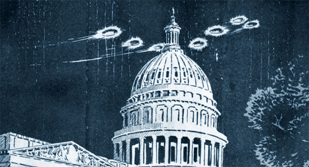 Zeitgenössische Comic-Darstellung von UFO-Sichtungen über Washington 1952 (Illu.). Copyright/Quelle: National Archives, Records of Headquarters US Air Force (Air Staff).