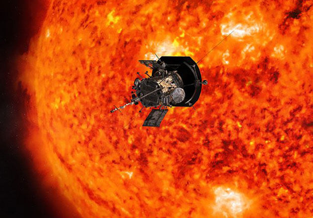 Künstlerische Darstellung der NASA-Sonnensonde „Parker Solar Probe“ vor der Sonne (Illu.). Copyright: Johns Hopkins APL/ NASA