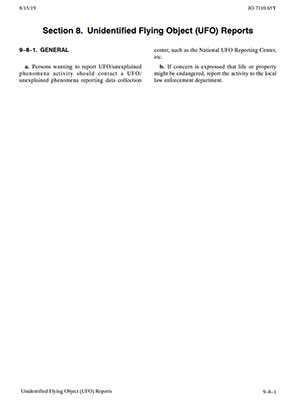 Die Verordnung „JO 7110.65Y“ der FAA zu UFO-Sichtungen durch zivile Melder. Klicken Sie auf die Bildmitte, um zu einer vergrößerten Darstellung zu gelangen. Copyright: FAA