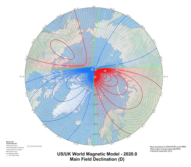 Die WMM2020-Karte in einer nordpolaren Projektion. Copyright: NOAA NCEI/CIRES