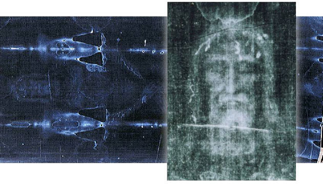 Das Turiner Grabtuch im Negativ mit Vergrößerung der Gesichtspartie. Copyright: Kollage: grewi.de mit Materialien von: 1978 Barrie M. Schwortz Collection, STERA, Inc.
