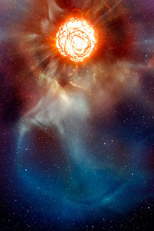 Diese künstlerische Darstellung (Illu.) zeigt den Überriesen Beteigeuze so wie man ihn sich nach den Daten von verschiedenen Beobachtungstechniken mit dem Very Large Telescope (VLT) der ESO vorstellen muss. Copyright: ESO/L. Calçada