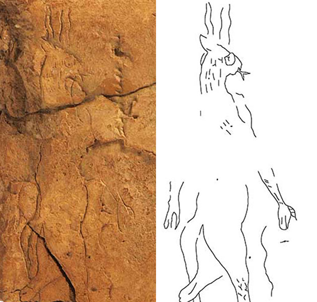 Die Zeichnung des assyrischen Dämons Bennu auf der Tontafel und im grafischen Übertrag. Copyright: Troels Pank Arboell / JMC 33, pp. 1-31 (Grafik) / Olaf M. Tessmer / Vorderasiatisches Museum Berlin (Foto)