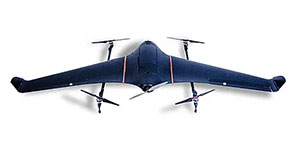 Eine typische Starrflügler-Drohne mit Senkrechtstartfunktion (VTOL). Diese Drohen sind dafür gedacht vertikal zu starten und zu landen, aber nicht dafür konzipiert, für längere Zeit an Ort und Stelle zu schweben.