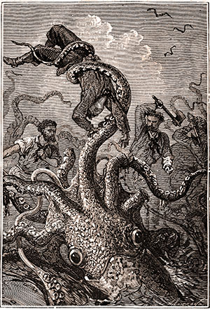 Riesenklamare sind vermutlich der wahre Kern hinter Sagen und Legenden rund um Riesenkraken, die nicht nur Menschen, sondern sogar ganze Schiffe mit in die Tiefe reißen. Die Illustration zeigt den Kapmf mit einem solchen Kraken aus Jules Verne’s “20,000 Meilen unter dem Meer“ Copyright: Alphonse de Neuville
