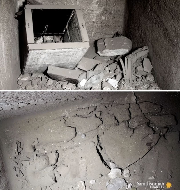 Blick in die geplünderte Grabkammer und die Reste einer Mumie (u.). Copyright/Quelle: Smithsonian Channel