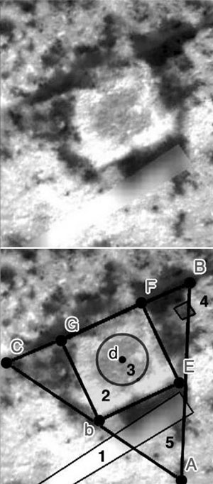 Ausschnittsvergrößerung des „Ceres Quadrats“ (o.) und die KI-Analyse, laut der das Quadrat zudem exakt von einem Dreieck eingeschrieben wird, Copyright: NASA/JPL-Caltech/UCLA/MPS/DLR/IDA (Dawn-Aufnahme) / De la Torre et al.