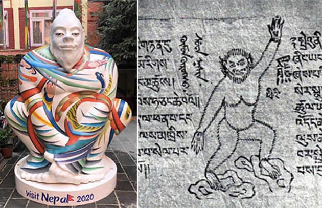 Mit individuell gestalteten Skulpturen wie dieser (l.) wirbt Nepal 2020 um Touristen. Sie unterscheidet sich deutlich von historischen Darstellungen (r.), die den Yeti als affenartiges Wesen zeigen. Copyright: visitnepal2020.com