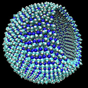 Grafische Darstellung eines teilweise geöffneten, hohlen sog. Azotosoms von der Größe eines Virus. Copyright: James Stevenson