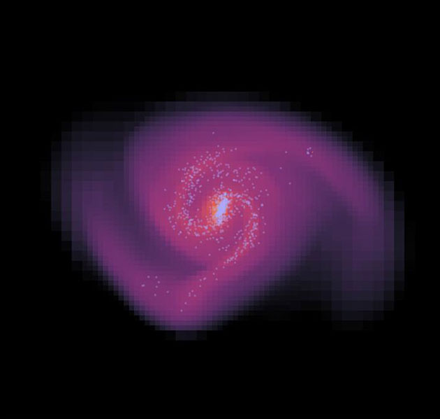 Die Verteilung des Materiegases 1,5 Milliarden Jahre nach dem Start der Simulation. Je heller die Farbe, desto höher ist die Dichte des Gases. Die hellblauen Punkte zeigen junge Sterne. Copyright/Quelle: AG Kroupa/Uni Bonn