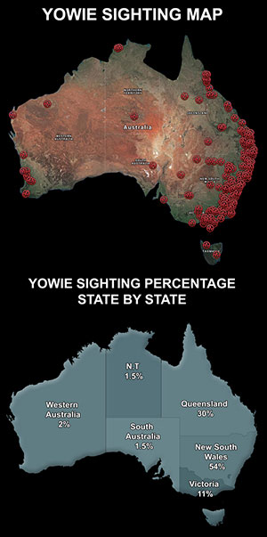 Die geografische Verteilung der Yowie-Sichtungsmeldungen in Australien. (Klicken Sie auf die Abbildung, um zu einer interaktiven Karte zu gelangen. Copyright/Quelle: Australian Yowie Research