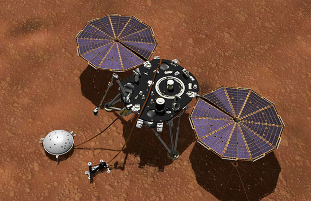 Künstlerische Darstellung der InSight-Sonde mit dem Seismometer SEIS auf dem Mars (Illu.). Copyright: Bild: Nasa/JPL-​Caltech