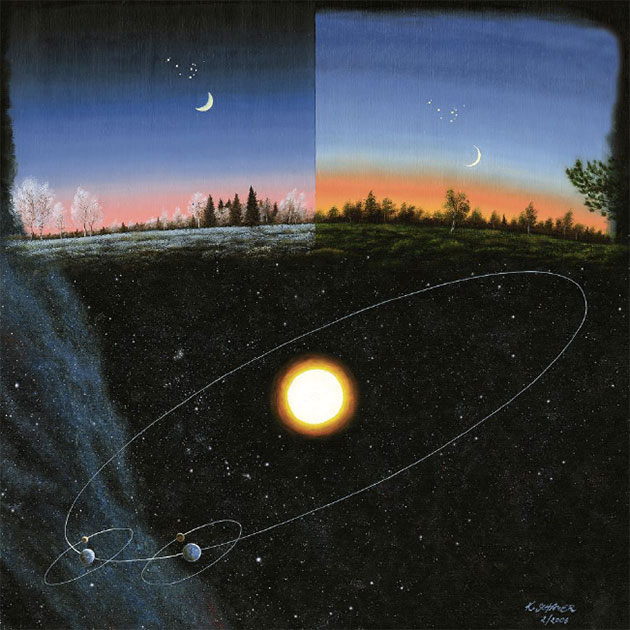 Ein sehr schmaler Sichelmond (r.) – das Neulicht – signalisiert den Beginn eines neuen Monats. Ein mehrere Tage alter Sichelmond bei den Plejaden (l.) gibt hingegen den Termin für das Einfügen eines Schaltmonats vor. Copyright: Landesamt für Denkmalpflege und Archäologie Sachsen-Anhalt, Karol Schauer.