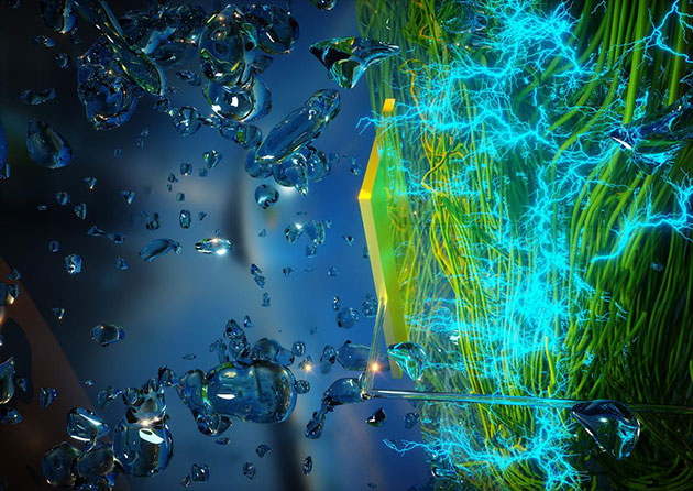 Grafische Darstellung des Elektrizität erzeugenden Mikrofilms aus Nanodräten, mit dem der „Air-Gen“ Strom aus Luftfeuchtigkeit erzeugt (Illu.). Copyright/Quelle: umass.edu