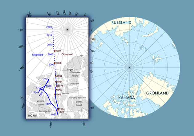 Die Bewegung des magnetischen Nordpols von Kanada Richtung Sibirien. Copyright/Quelle: Erstellt von GreWi.de mit Materialien von WikimediaCommons (User: Cavit) / CC-BY 4.0