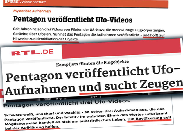Titelbeispiele für deutschsprachige Medienberichte über die Freigabe dreier UFO-Videos des Pentagon. Montage: grewi.de