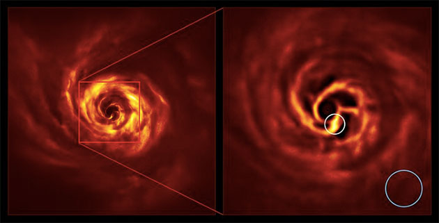Die Bilder des AB Aurigae-Systems zeigen die Scheibe um das System herum. Das Bild rechts ist eine vergrößerte Version des Bereichs, der durch ein rotes Quadrat auf dem Bild links angezeigt wird. Es zeigt den inneren Bereich der Scheibe, einschließlich des sehr hellgelben "Knicks" (weiß eingekreist), der nach Ansicht der Wissenschaftler die Stelle markiert, an der sich ein Planet bildet. Diese Biegung liegt etwa in der gleichen Entfernung vom Stern AB Aurigae wie Neptun von der Sonne. Der blaue Kreis stellt die Größe der Umlaufbahn von Neptun dar. Copyright: ESO/Boccaletti et al.