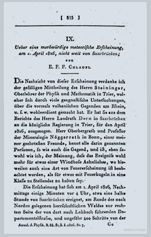 Erste Seite von Chladnis Bericht in den „Annalen der Physik“.