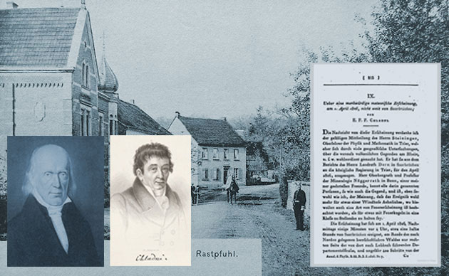 Pfarrer Köllner (l.), Ernst Chladni und das Titelbild seiner Publikation vor einem historischen Blick auf den Saarbrücker Rastpfuhl.