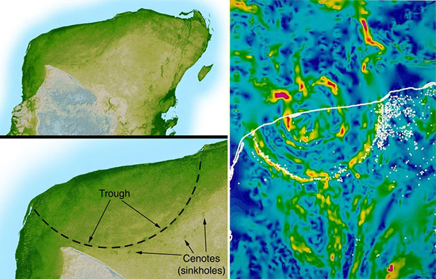 Heute zeichnet sich der Krater nur noch schwer erkennbar topografisch ab (l.), tritt aber anhand von Gravitationsanomalien (r.) und zahlreicher Cenoten entlang des einstigen Kraterrandes noch deutlich hervor. Copyright: NASA/JPL-Caltech (Topografie) / USGS (Gravitationsmessung)