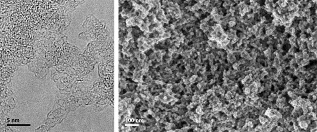 Elektronenmikroskopische Aufnahmen der künstlichen kosmischen Staubkörner in verschiedenen Auflösungen (Transmissionselektronenmikroskopie links, Rasterelektronenmikroskopie rechts). Beide Aufnahmen zeigen die komplexen Oberflächenstrukturen der Körner, die im Vergleich mit einfachen, kompakten Formen zu extrem großen Oberflächen führen. Copyright:  C. Jäger / MPIA und FSU Jena