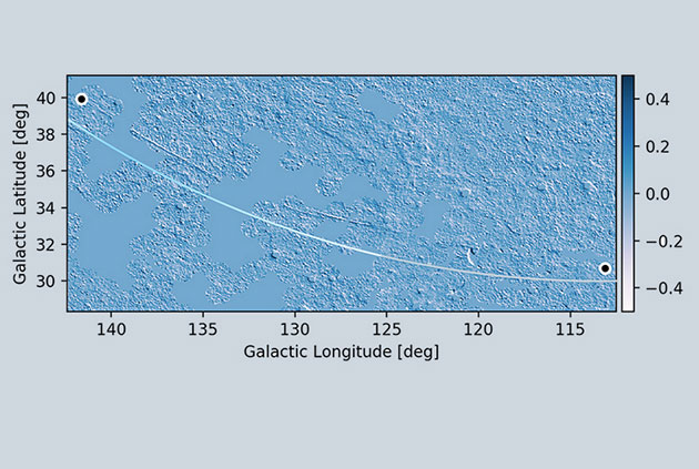 Das Datenmosaik der „GALEX All-Sky Imaging Survey“ zeigt einen Teil des „Ursa-Major-Bogens“ im fernen UV-Bereich (130-180 nm). Copyright: A. Bracco/R. Benjamin/NASA-GALEX