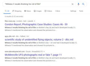Eine Google-Suche erbringt meist 6 Kopien des “vollständigen” Condon-Reports. Als solche wird hier u.a. auch die in Wirklichkeit unvollständige Kopie des DITC angezeigt. (Klicken Sie auf die Bildmitte, um zu einer vergrößerten Darstellung zu gelangen).