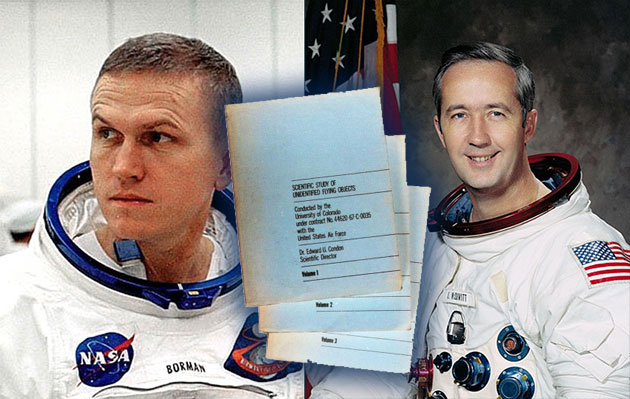 Die Gemini-Astronauten Borman und McDivitt und Seitenbeispiele des Condon-Reports. Collage: grenzwissenschaft-aktuell.de