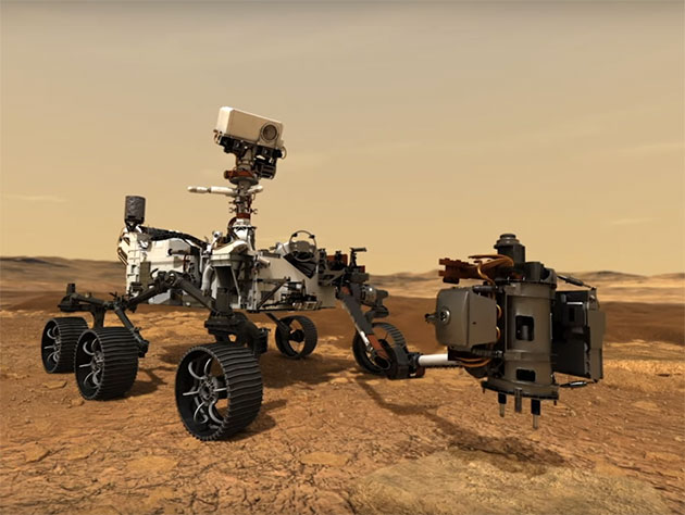 Künstlerische Darstellung des Rovers „Perserverance“ der NASA-Mission „Mars 2020“ bei der Entnahme von Boden- und Gesteinsproben (Illu.). Copyright: NASA