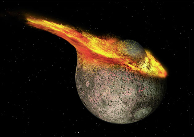 Künstlerische Darstellung der Geburtsstunde des Erdenmondes durch die Kollision der jungen Erde mit dem marsgroßen Protoplaneten Theia (Illu). Copyright/Quelle: Ron Miller / dlr.de